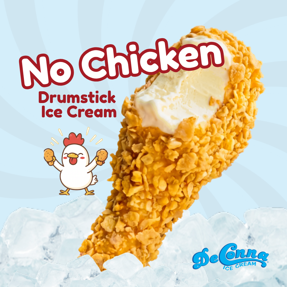 No Chicken Drumstick Ice Cream | DeConna - DeConna Ice Cream Jack and King's No Chicken Drumstick Ice Cream, a fried chicken ice cream bar with a bite showing the vanilla center, with the DeConna No Chicken mascot
