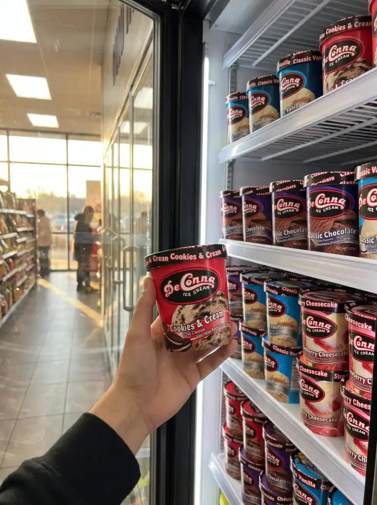 Person holding a red De Conna Cookies & Cream ice cream cup in a store freezer aisle with shelves of ice cream tubs nearby
