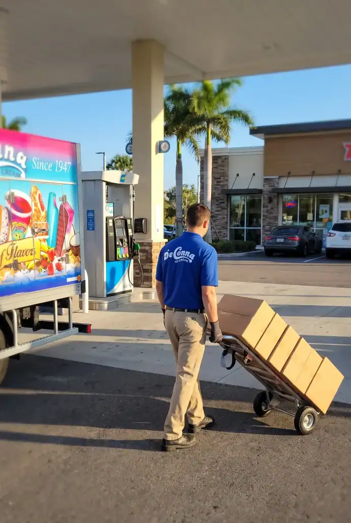 DeConna driver wheeling cases of ice cream on a hand truck from the delivery truck into a Florida gas station