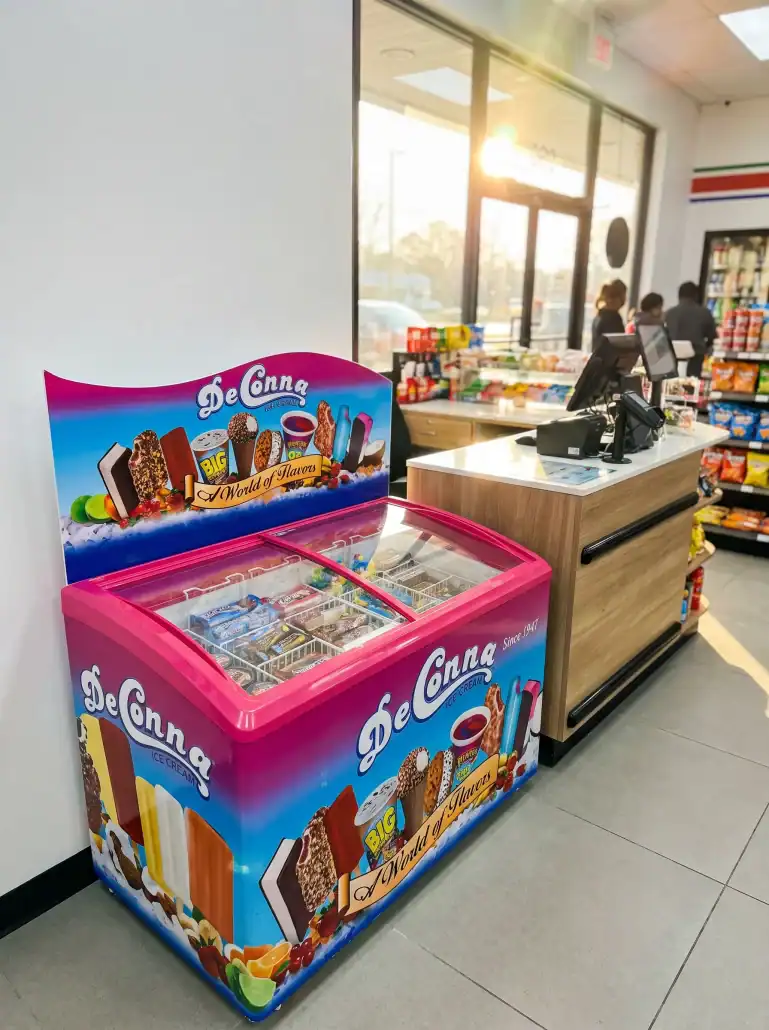 Stocked DeConna ice cream freezer with its sign, placed against a wall near the checkout of a convenience store