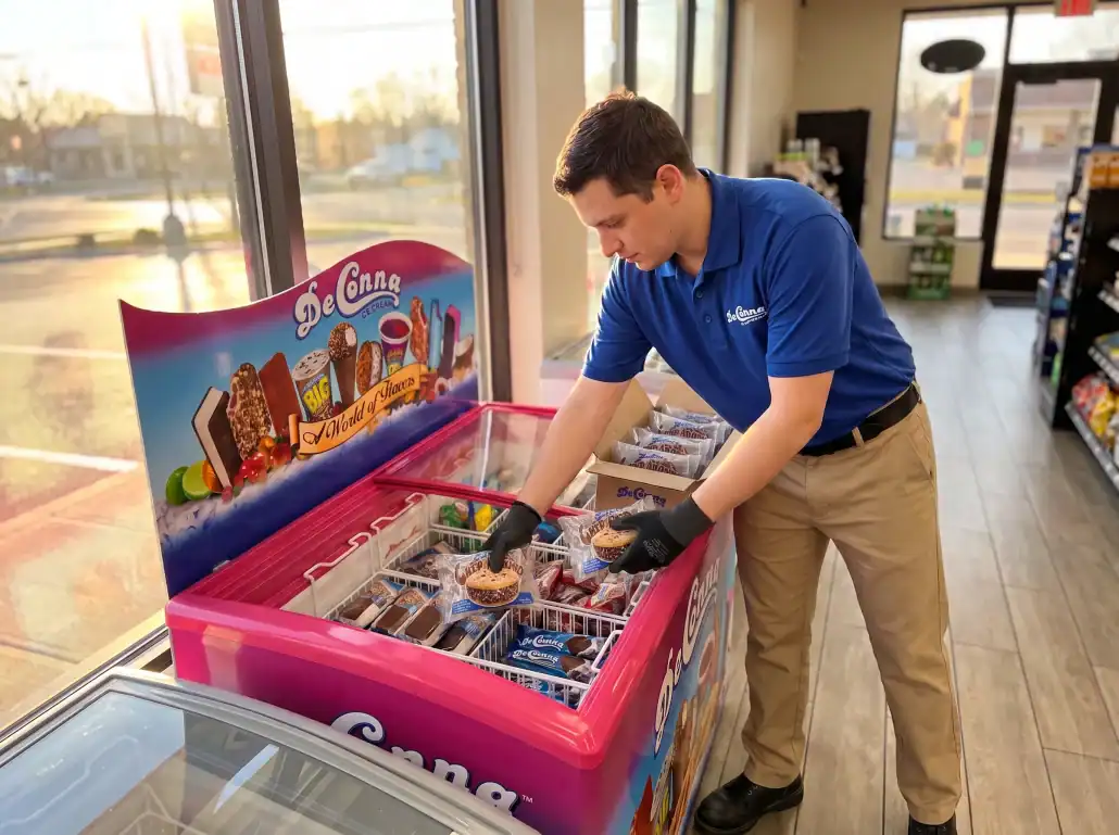 DeConna employee stocking wrapped Chip Around ice cream sandwiches into a DeConna freezer in a convenience store