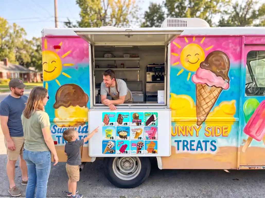 Ice Cream Truck Vendor Window With DeConna Decals - DeConna Ice Cream Ice cream truck vendor at the serving window while a boy points at the DeConna product decals on the menu board