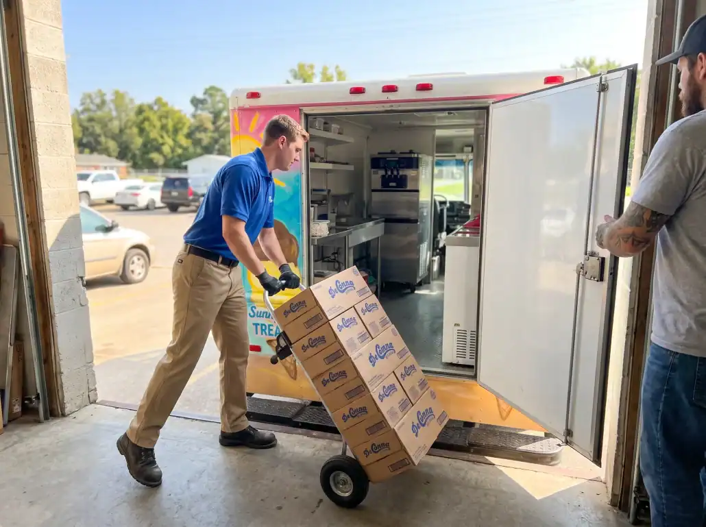 Ice Cream Truck Pickup at DeConna Reddick Dock - DeConna Ice Cream DeConna employee wheeling a hand truck of DeConna ice cream cases into an ice cream truck backed up to the Reddick loading dock