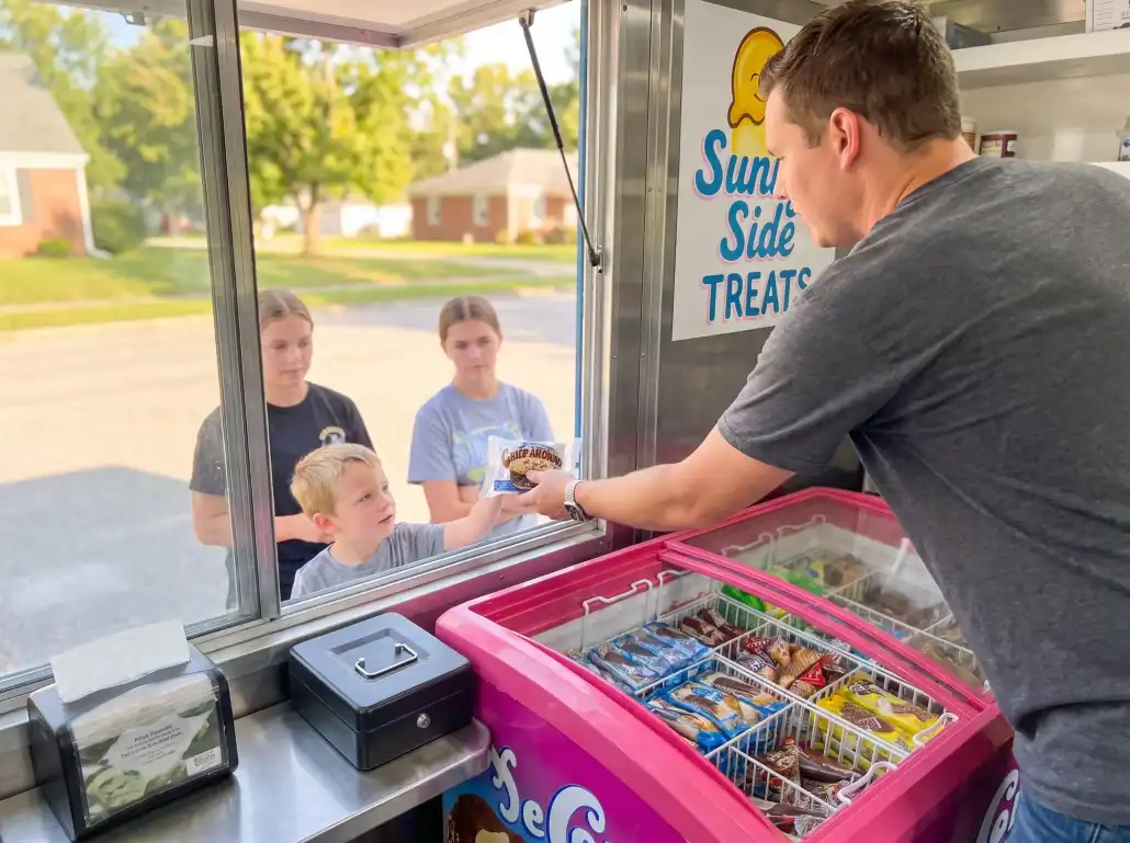 Ice Cream Truck Vendor Serving From a DeConna Freezer - DeConna Ice Cream Ice cream truck vendor handing a wrapped Chip Around to a boy at the window, pink DeConna chest freezer stocked with novelties in the foreground