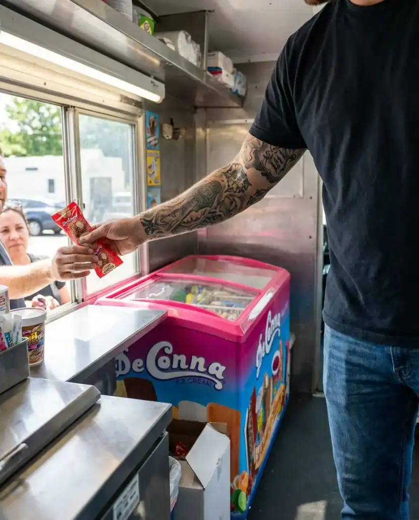 Ice Cream Truck Vendor Handing Out an Everyday Sundae Cone - DeConna Ice Cream Ice cream truck vendor handing a wrapped DeConna Everyday Sundae Cone out the window, DeConna chest freezer inside the truck
