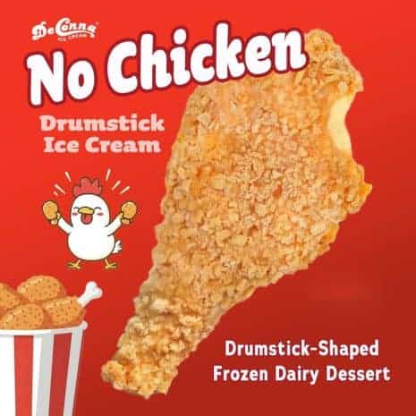 Jack & King's No Chicken drumstick ice cream, a frozen dairy dessert shaped and breaded like a fried chicken leg